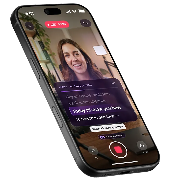 Teleprompterz recording a creator, with the script scrolling over the camera and auto-captions on