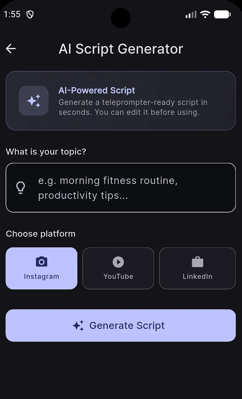 AI Script Generator screen