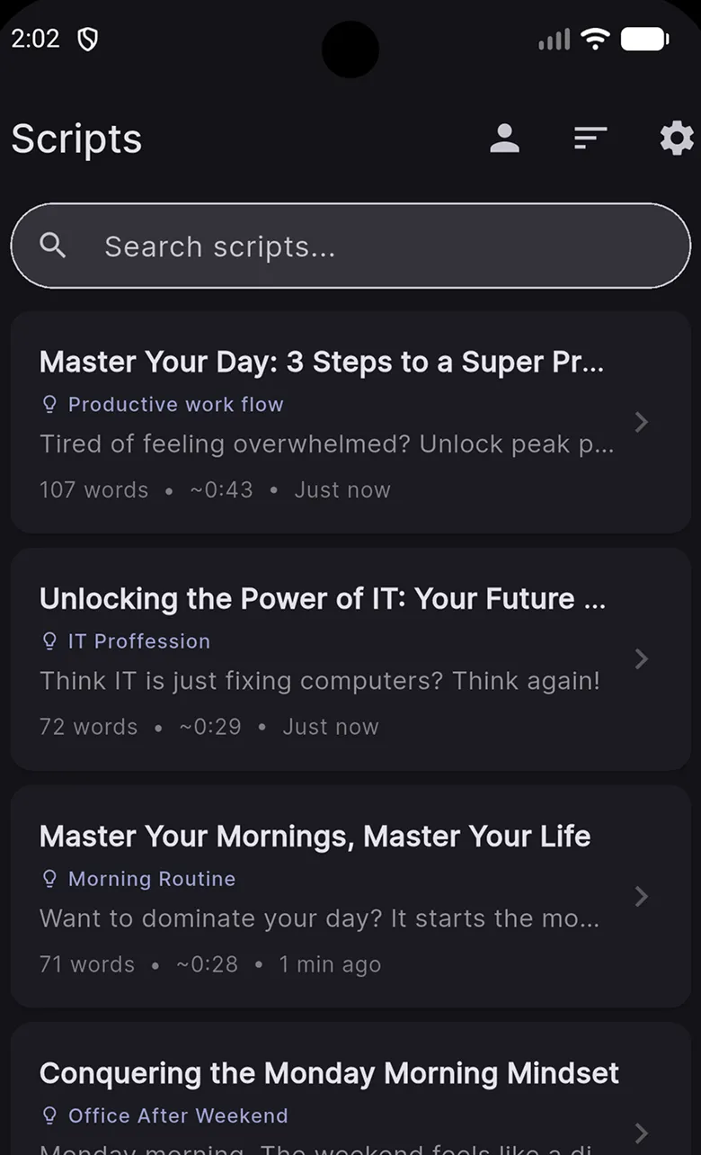 Scripts library screen