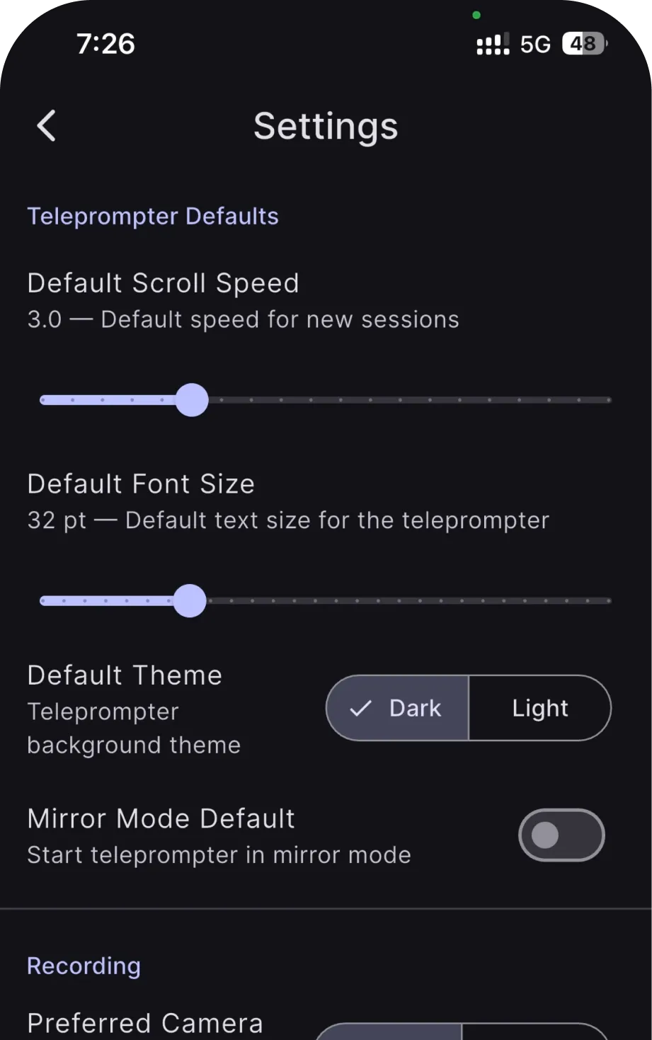 Teleprompter settings screen
